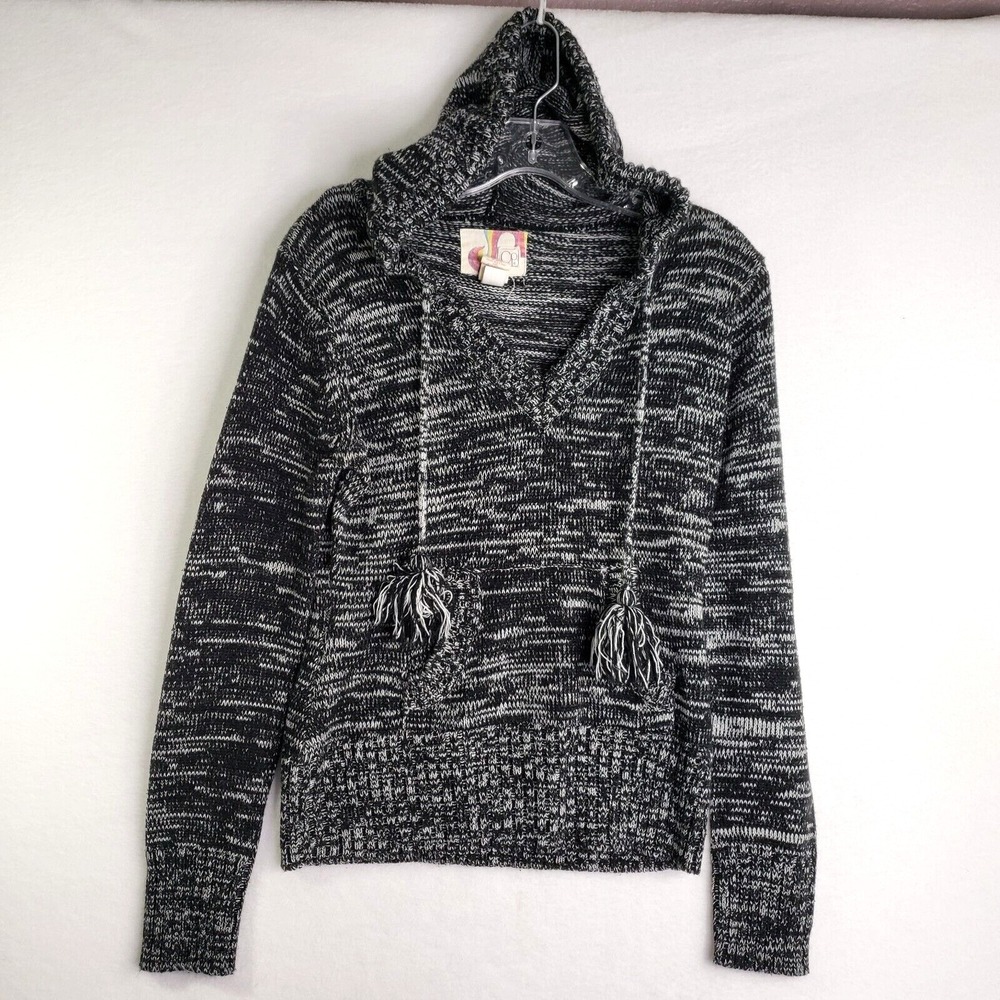 OP Knit Hoodie Juniors Large Black Sweater‎ Pullover Tassel Drawstring Pocket